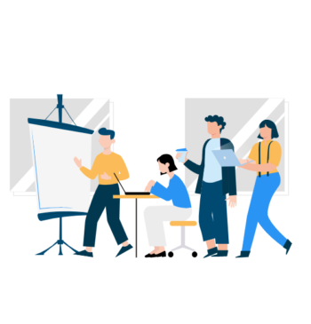 Icon 4 Personen arbeiten mit Laptop und Flipchart