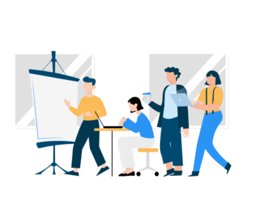Icon 4 Personen arbeiten mit Laptop und Flipchart