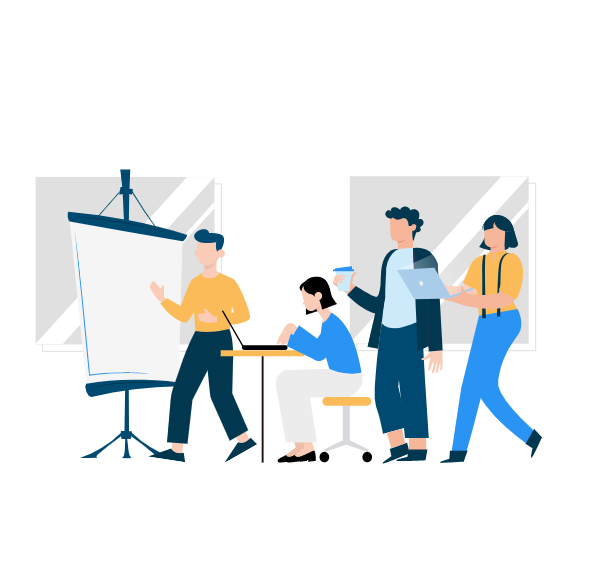 Icon 4 Personen arbeiten mit Laptop und Flipchart