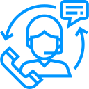 Icon blau mit Person mit Headset, Telefonhörer, Sprechblase