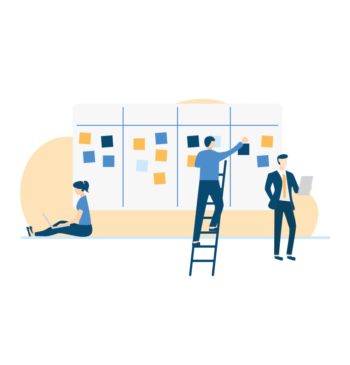 Icon 3 Personen arbeiten und einer klebt Postits auf Kanban Board