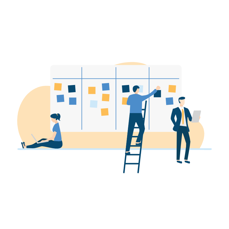 Icon 3 Personen arbeiten und einer klebt Postits auf Kanban Board