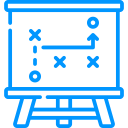 Icon blaues Flipchart mit x und o und Pfeilen