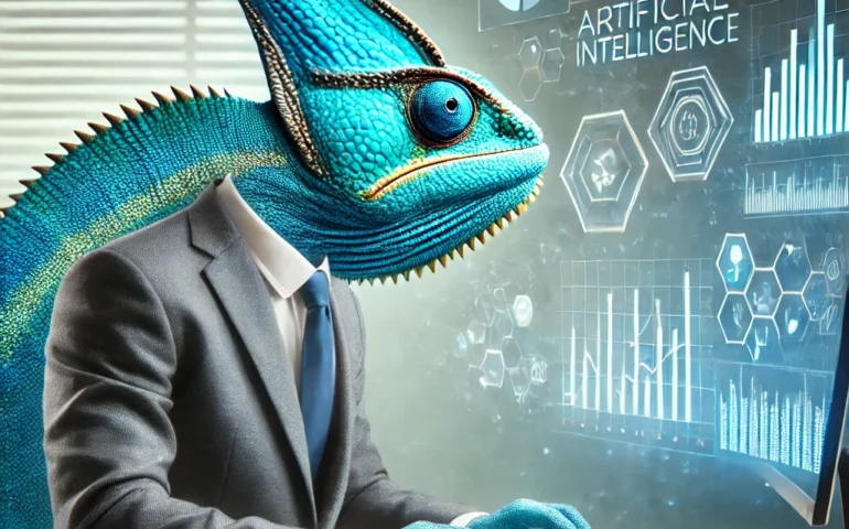 Ki erstelltes Chameleon im Anzug vor Laptop sitzend