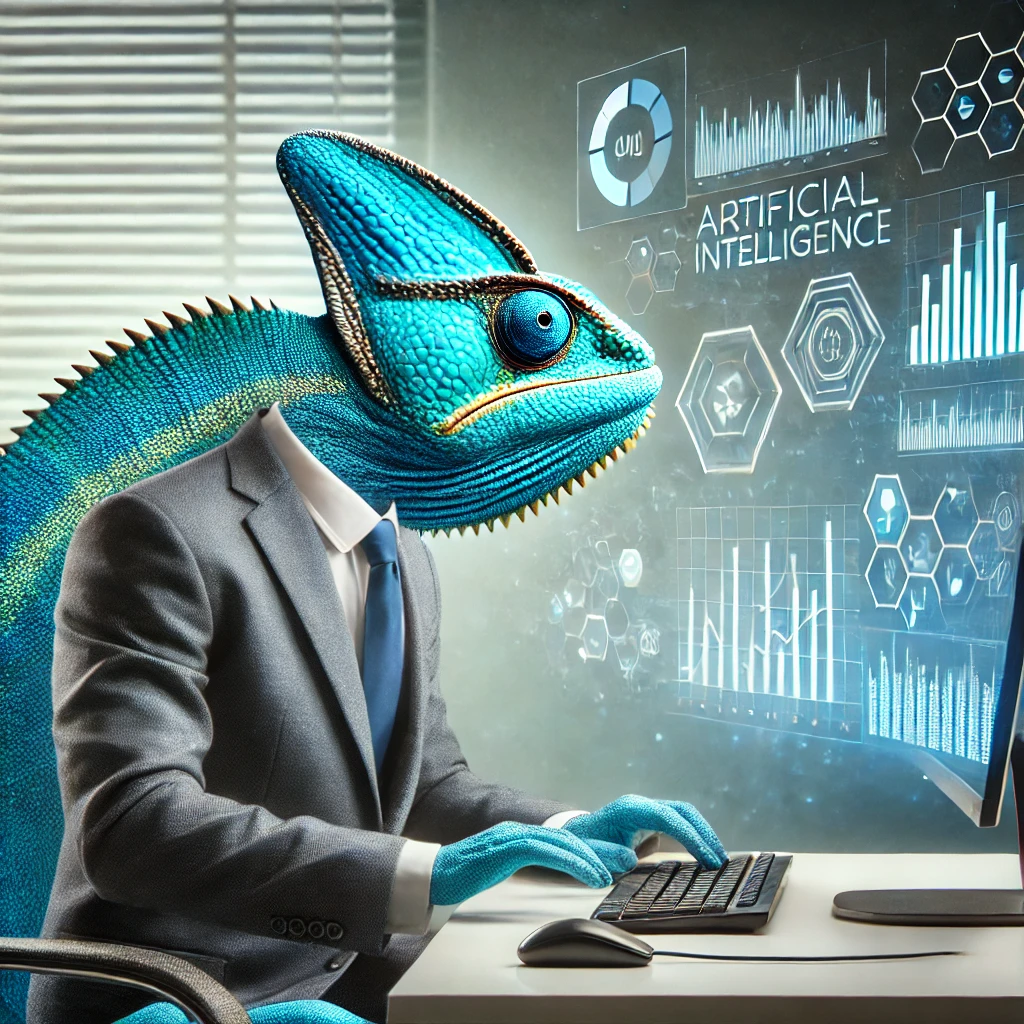 Ki erstelltes Chameleon im Anzug vor Laptop sitzend
