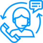 Icon blau mit Person mit Headset, Telefonhörer, Sprechblase